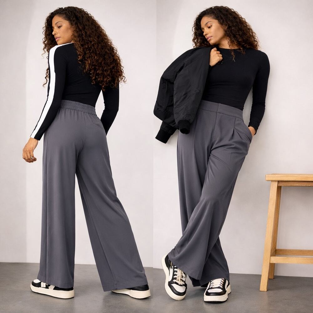 Athleta Pinnacle Trouser Wide Leg Pant Gray 14 NWT Athleisure Travel